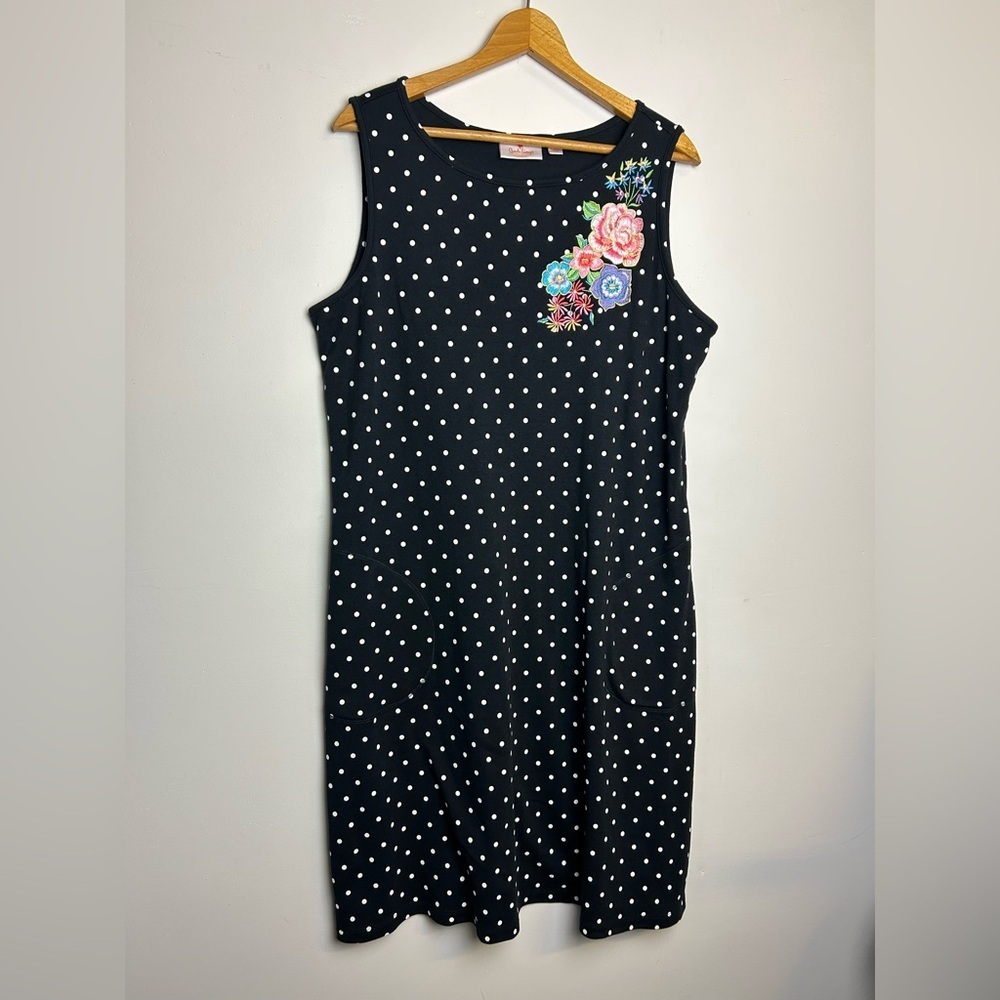 Quacker Factory Embroidery Polka Dot Midi Dress‎ Size L Pocket Front comfortable